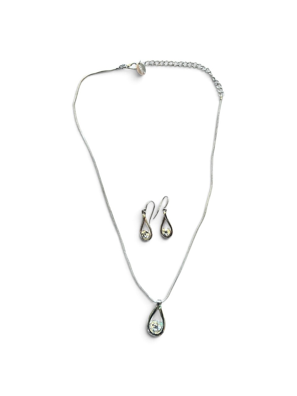 Teardrop Crystal Pendant Necklace and Earring Set - Silver